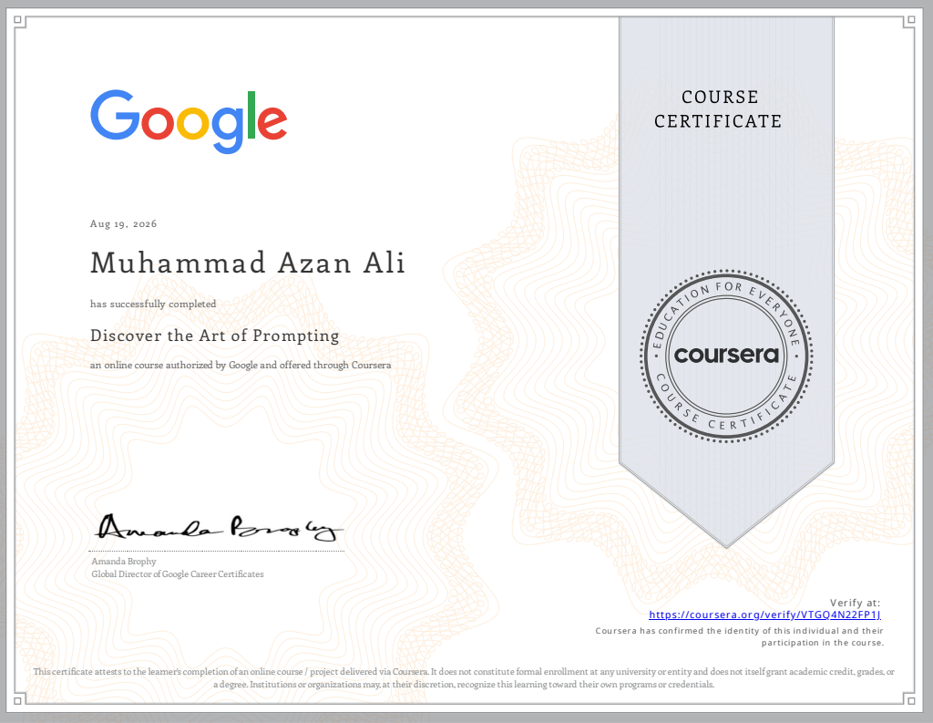 Discover the Art of Prompting certificate issued by Google via Coursera