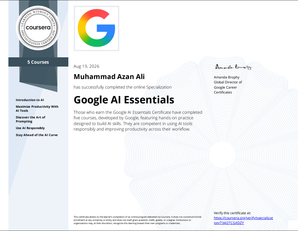Google AI Essentials certificate issued by Google via Coursera