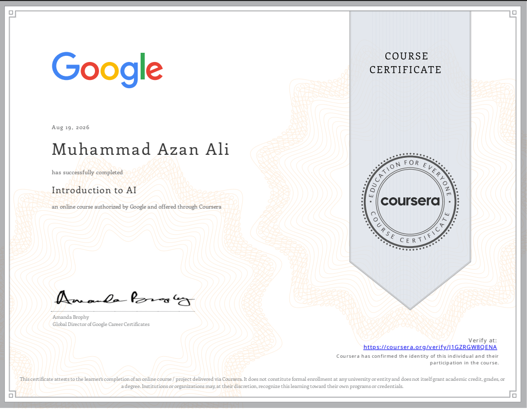 Introduction to AI certificate issued by Google via Coursera