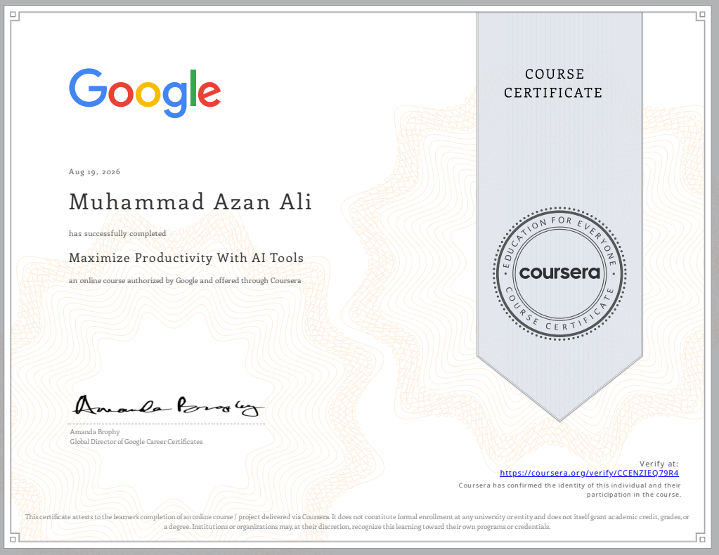 Maximize Productivity With AI Tools certificate issued by Google via Coursera