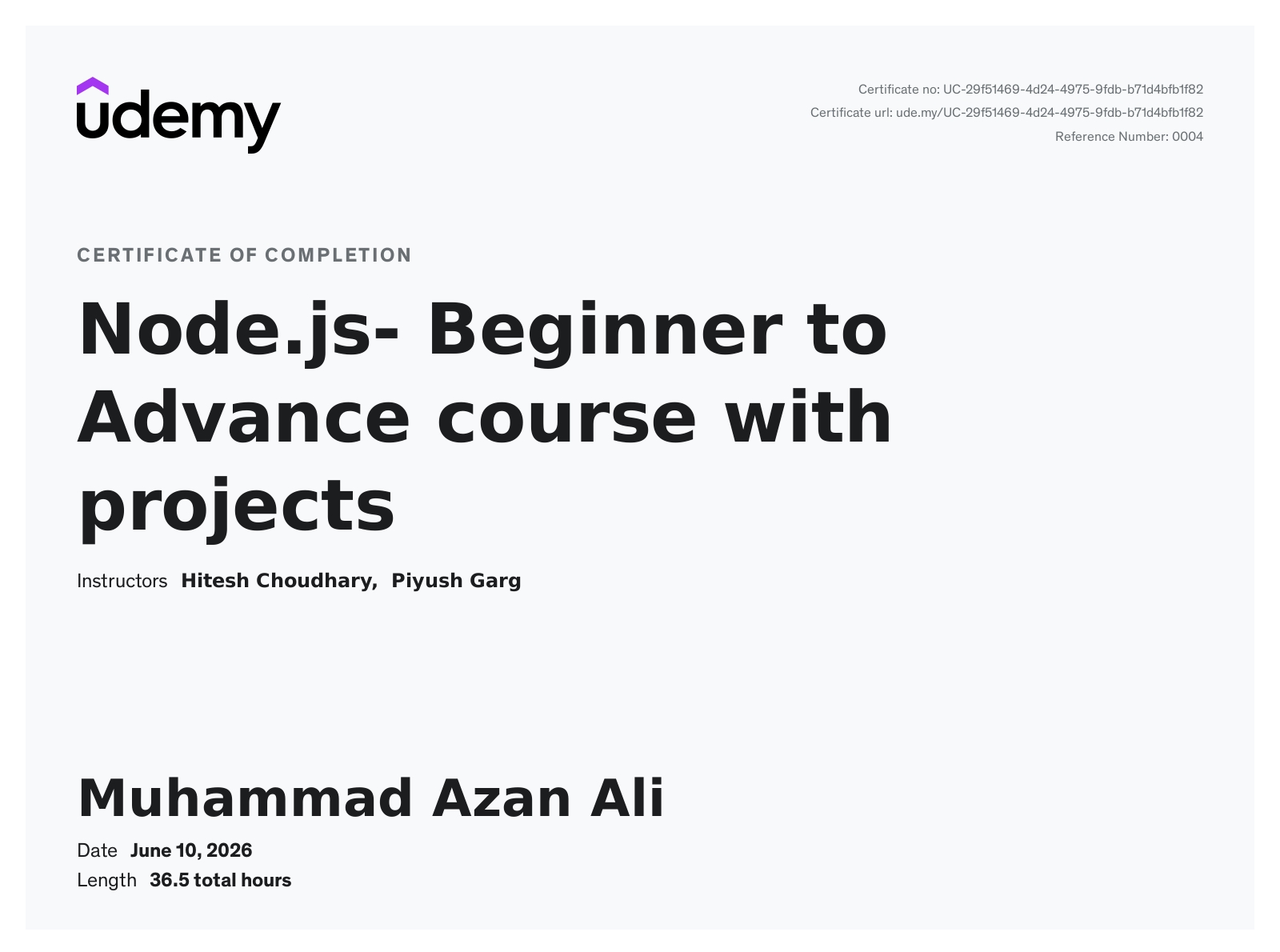 Node.js - Beginner to Advanced course with projects certificate issued by Udemy