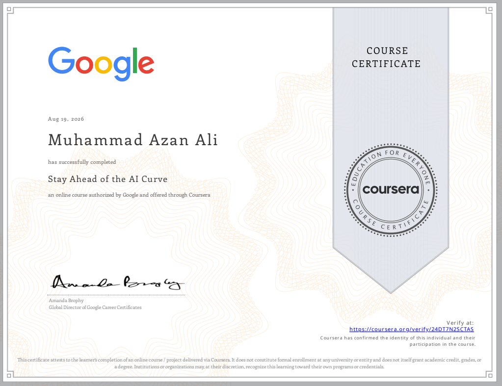 Stay Ahead of the AI Curve certificate issued by Google via Coursera