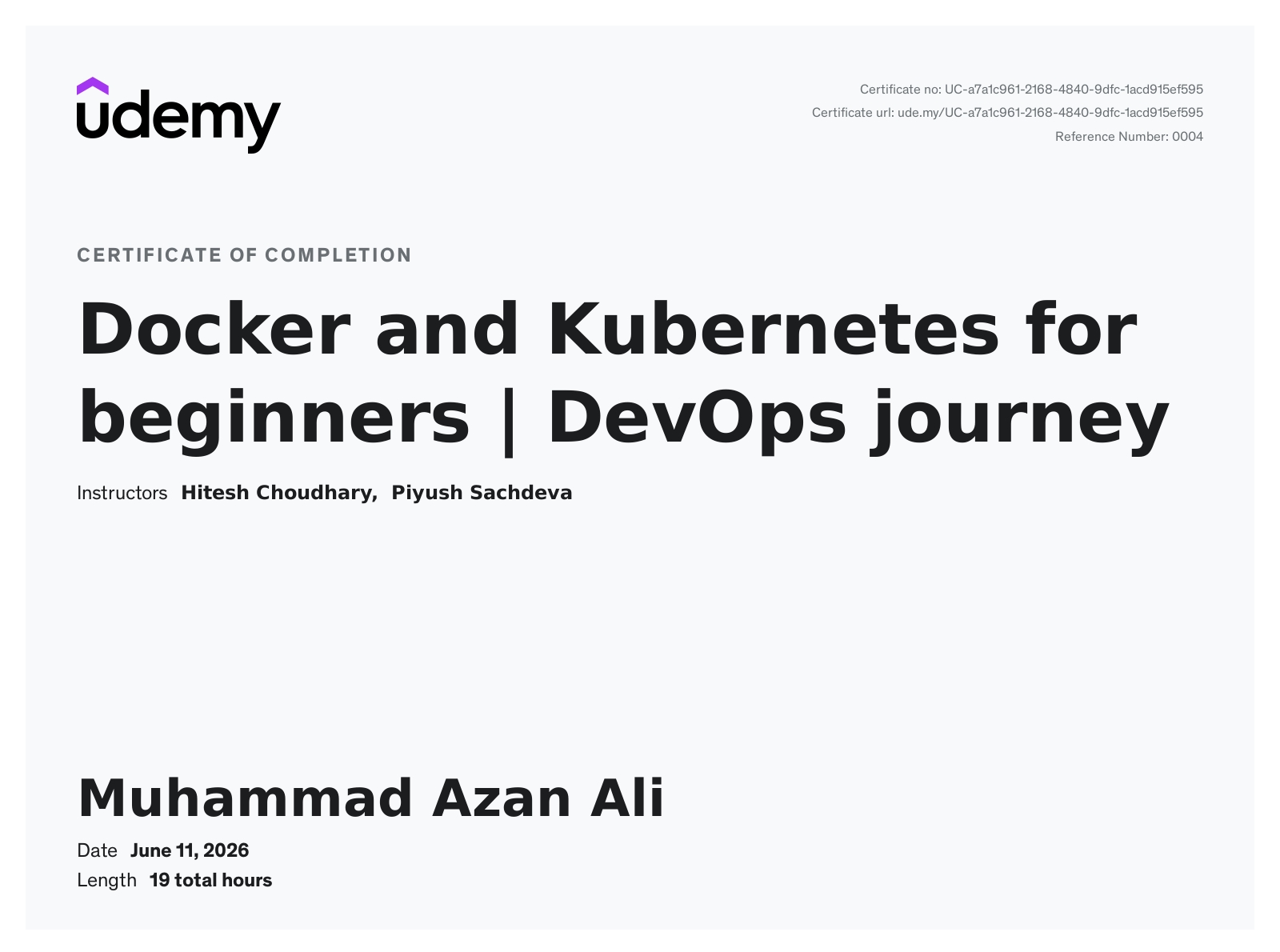Docker and Kubernetes for beginners | DevOps journey certificate issued by Udemy