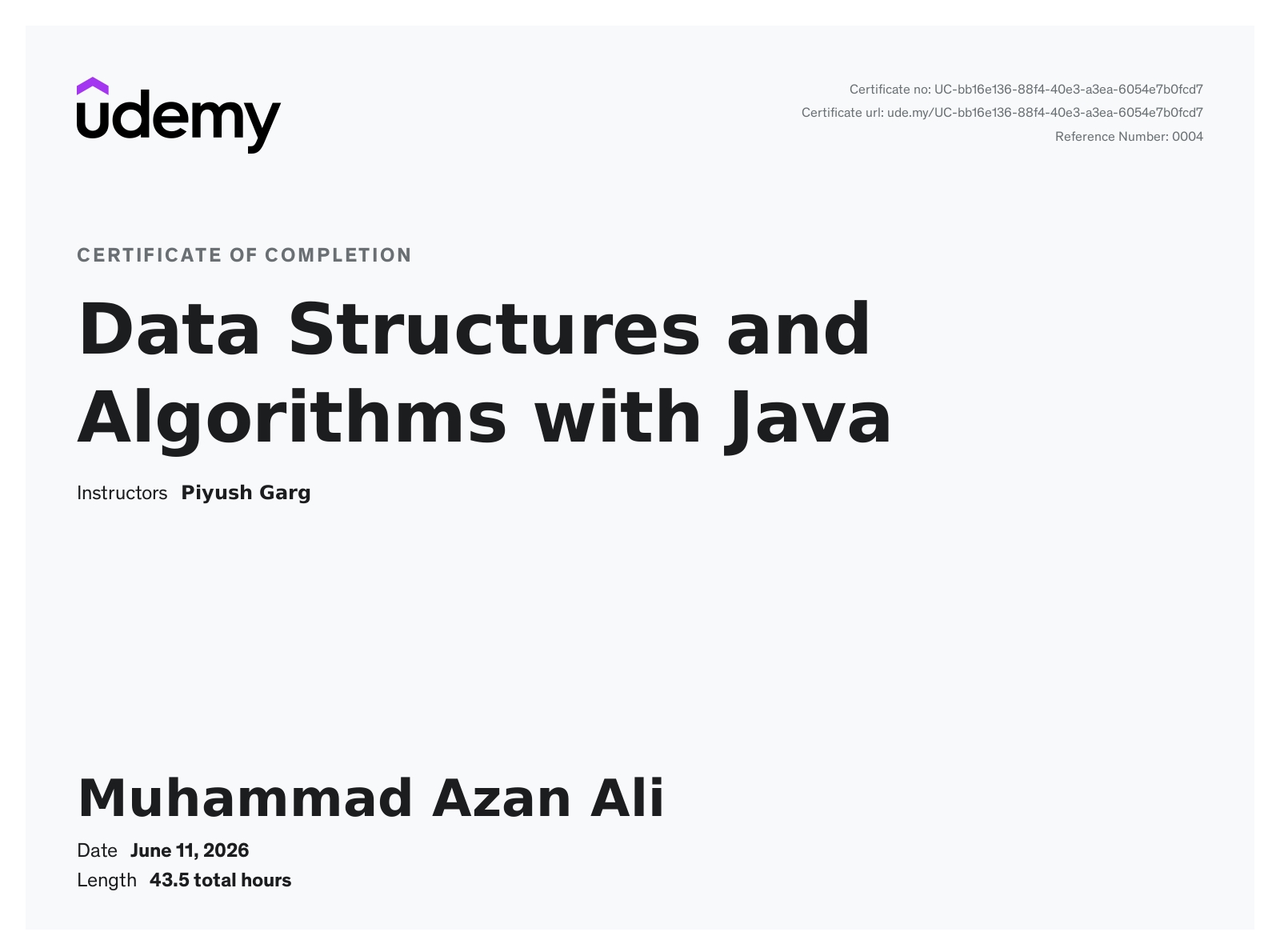 Data Structures and Algorithms with Java certificate issued by Udemy