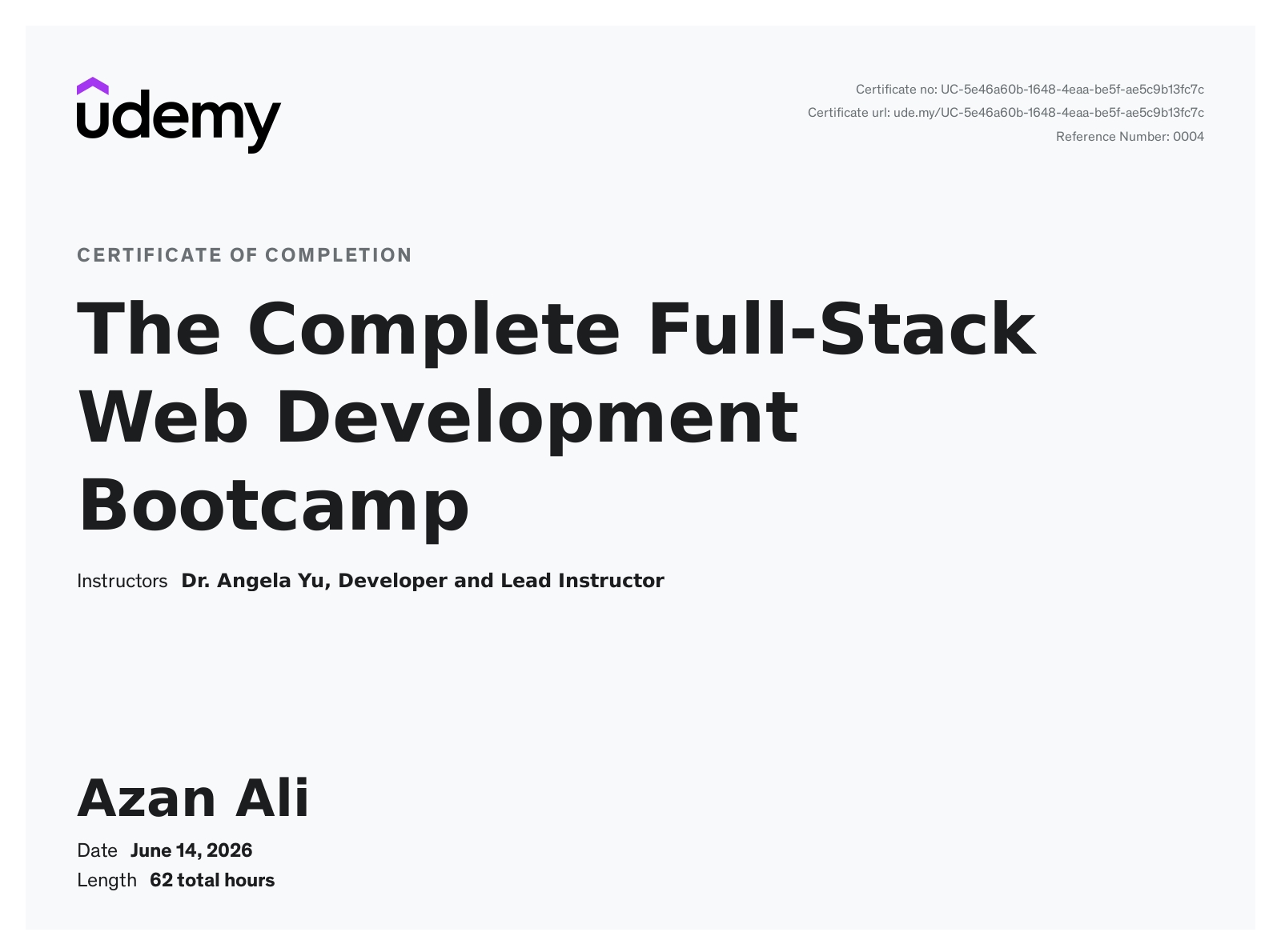 The Complete Full-Stack Web Development Bootcamp certificate issued by Udemy
