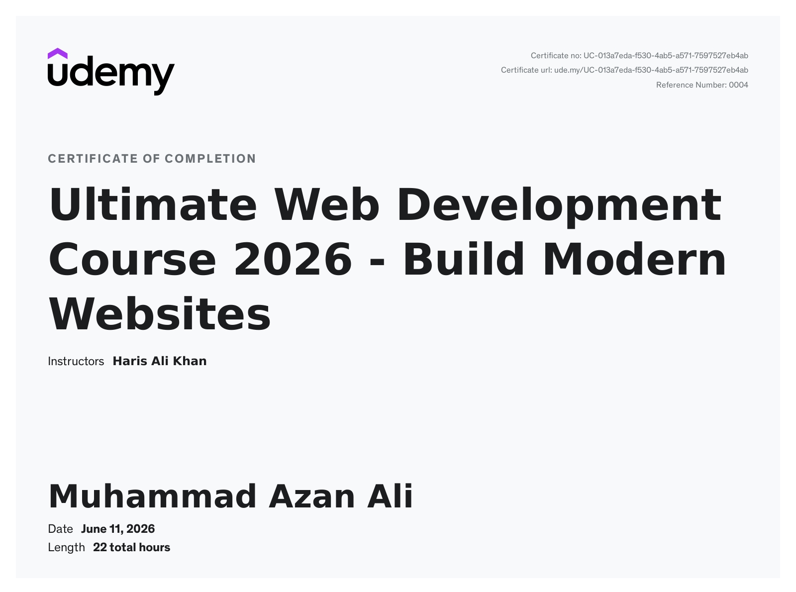 Ultimate Web Development Course 2026 - Build Modern Websites certificate issued by Udemy
