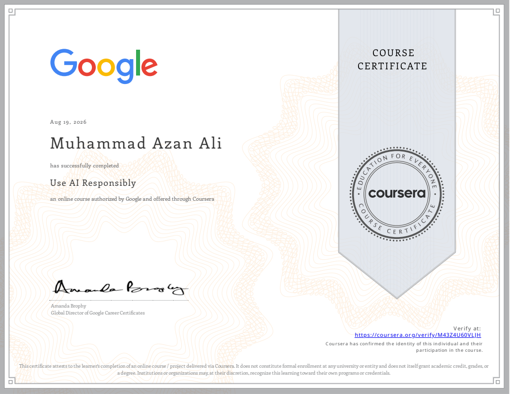 Use AI Responsibly certificate issued by Google via Coursera